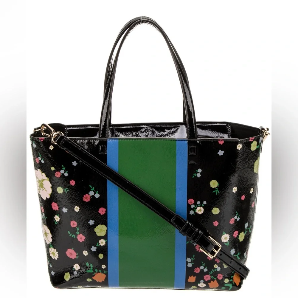 Tory Burch Patent Leather Medium Tote Flowers Kerrington EUC